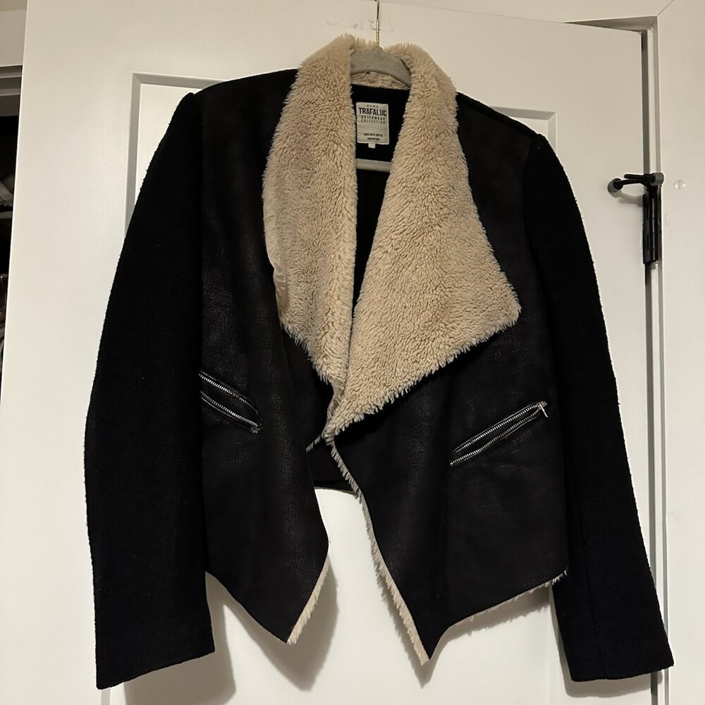 Zara Trafaluc Black Faux Leather & Faux Fur Shearling Jacket Womens Size S